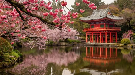 photo of traditional Japanese garden with cherry blossoms, lake in the middle, and a pagoda in the background