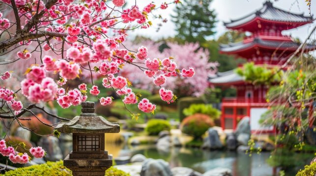 photo of traditional Japanese garden with cherry blossoms and a pagoda in the background