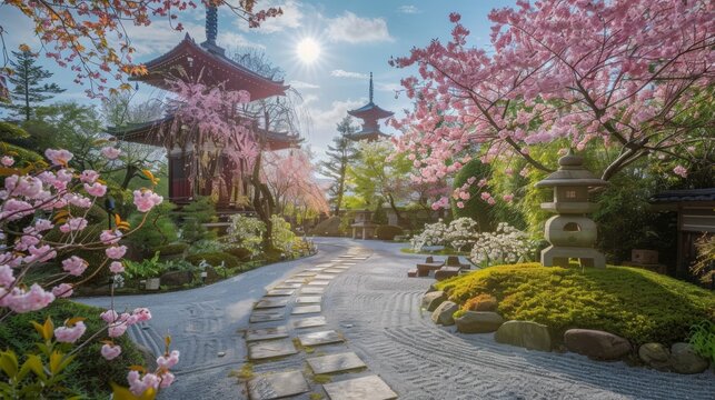photo of traditional Japanese garden with cherry blossoms and a pagoda in the background