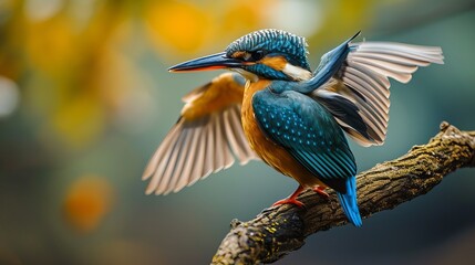 Vibrant Kingfisher Perched on a Branch, Displaying Its Colorful Plumage and Spread Wings Amidst Autumn Foliage