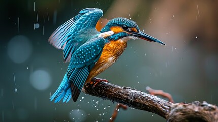 Vibrant Kingfisher Bird with Spread Wings Perched on a Branch Amidst Gentle Rain