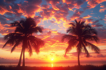 The silhouette of coconut trees against the sunset is reflected in the water. Natural tropical background at dusk.