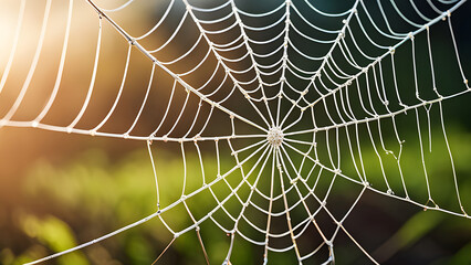 A close-up photo of a spider web, showcasing its intricate structure and geometric patterns. The silk threads of the spider web are clearly visible, highlighting its tension and flexibility.