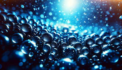 Gouttes et perles d'eau sous une lumière bleue profonde - obrazy, fototapety, plakaty