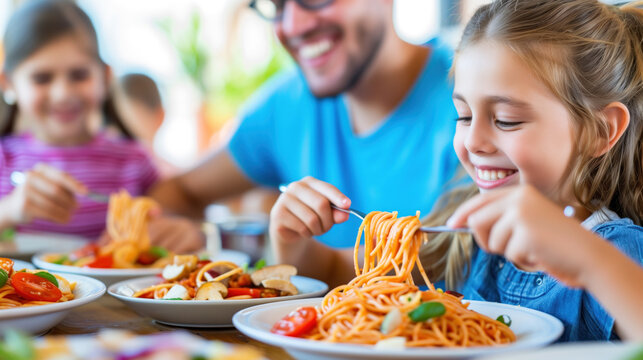 Cheerful family enjoying a spaghetti dinner together, sharing smiles and bonding over a meal. - Powered by Adobe