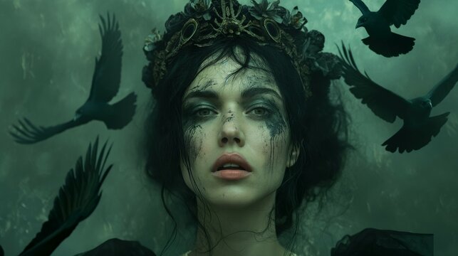woman with dark gothic pagan Morrigan goddess makeup and crows. 