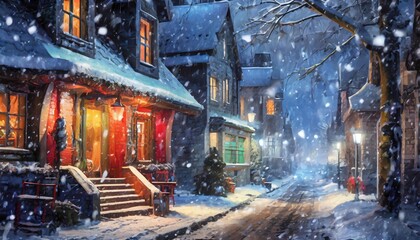 winter cityscape snowfall cozy christmas atmosphere street houses snow generative ai