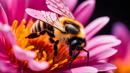 A bee collecting nectar on flowers, highlighting the details of the nectar and the bee. Focus on the nectar and bee, making them clear, while blurring the background to emphasize the subject. - obrazy, fototapety, plakaty