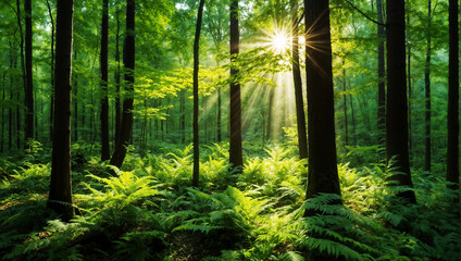 Sunlight streaming through the trees in a lush green forest - obrazy, fototapety, plakaty