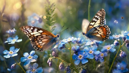 a beautiful summer or spring meadow with two flying butterflies and blue flowers of forget me nots...