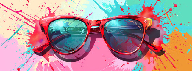 Red sunglasses with colorful paint splashes on pastel background - obrazy, fototapety, plakaty