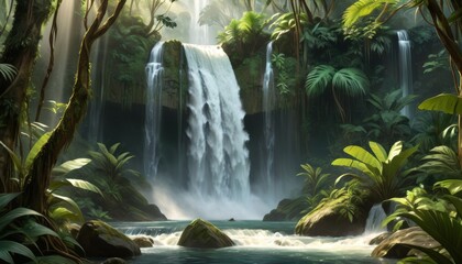 An artistically rendered jungle scene where a majestic waterfall cascades into a serene pool, surrounded by the lush greenery of an exotic rainforest.. AI Generation - obrazy, fototapety, plakaty