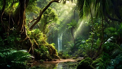 landscape illustration fantasy tropical nature forest environment with scenic green foliage digital...