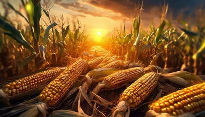 corn cobs in corn plantation field with sunrise background generative ai