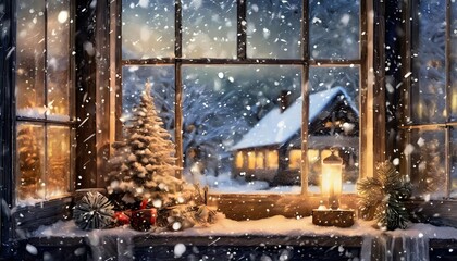 a window view of a snowy christmas scene