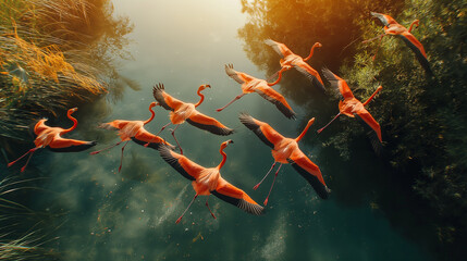 Flamingos in flight.