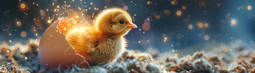 A baby chick is sitting on top of an eggshell. The chick is small and fluffy, and the eggshell is cracked open. The image has a warm and cozy feeling, as if the chick is just starting its life - obrazy, fototapety, plakaty