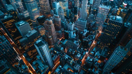 Drone photograph of a bustling cityscape at twilight, skyscrapers illuminated, busy streets below