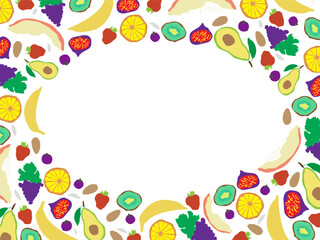 A set of food products (fruits, almond, blueberry, melon seed) on periphery make ellipse-like space in the center to put your ads inside. Food. Vector illustration.