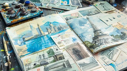 A spread of a traveler's notebook featuring artistic sketches and watercolor illustrations of world landmarks amidst travel ephemera. 
