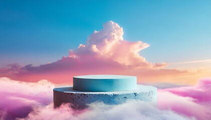 surreal minimal podium outdoor on blue sky pink blue pastel soft clouds with space beauty cosmetic...