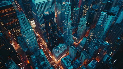 Naklejka premium Drone photograph of a bustling cityscape at twilight, skyscrapers illuminated, busy streets below