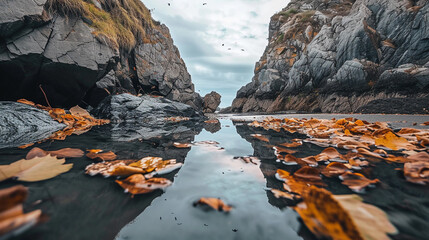 Autumn Reflections on Rocky Coastline