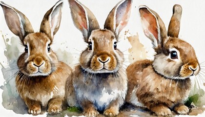 collection of three watercolour paintings of brown cute rabbits isolated on white background animal clipart bundle