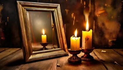 a wooden table displaying two burning candles next to a decorative photo frame