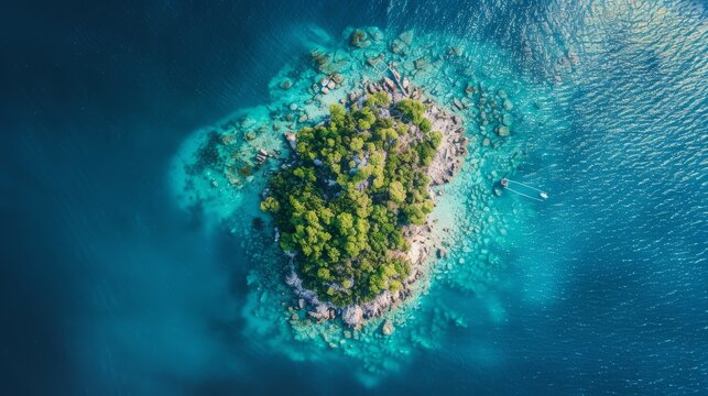 Drone photo capturing an isolated island surrounded by crystal-clear waters, lush tropical vegetation, the contrast of blue and green, peaceful and idyllic