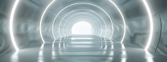 3D render, abstract futuristic background with a white glowing tunnel in the center. Abstract minimalistic empty scene of an illuminated modern technology stage or corridor - Powered by Adobe