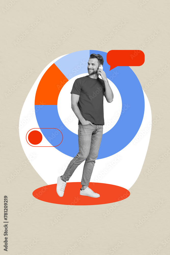 Poster collage 3d image of pinup pop retro sketch of entrepreneur man talk phone diagram analysis business 