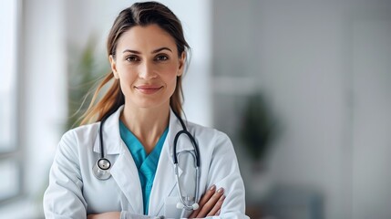 Head of medical service posing with her arms crossed in her office. Concept: medicine, health care