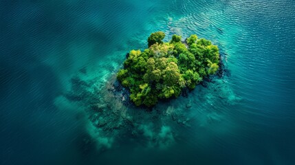 Drone photo capturing an isolated island surrounded by crystal-clear waters, lush tropical vegetation, the contrast of blue and green, peaceful and idyllic