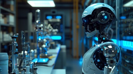 Sleek, humanoid AI robot in a futuristic lab, surrounded by advanced technology, blue neon lights reflecting off its metallic surface