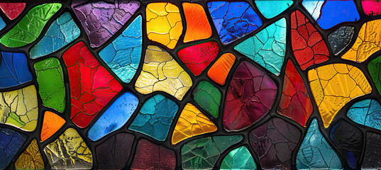 Multicolored stained glass with an irregular pattern