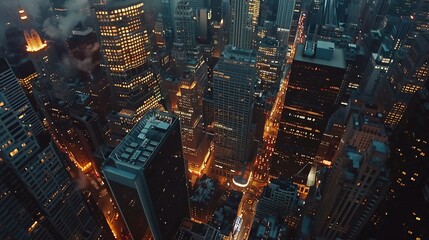 Drone photograph of a bustling cityscape at twilight, skyscrapers illuminated - obrazy, fototapety, plakaty