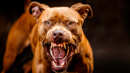 An intense pit bull showing aggression is a powerful portrait. Watch out for the angry dog.