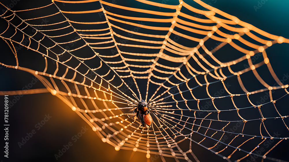 Wall mural a close-up photo of a spider web, showcasing its intricate structure and geometric patterns. the sil