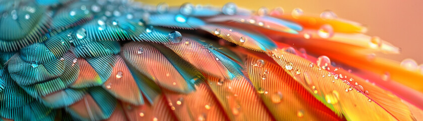 A colorful feather with droplets of water on it. The feather is a vibrant mix of blue, red, and yellow. The droplets of water add a sense of freshness and movement to the image