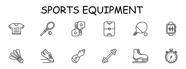 Sports set icon. Gloves, boxing, water, stopwatch, ping pong, pulse, barbell, tennis racket, sneakers, skates, air hockey, T shirt, shuttlecock. Healthy lifestyle concept. Vector line icon.
