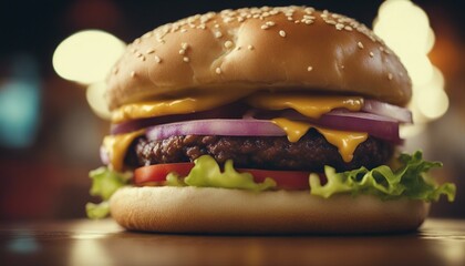 A juicy cheeseburger with sesame bun, beef patty, cheese, lettuce, onion, sauce, in a cozy diner...