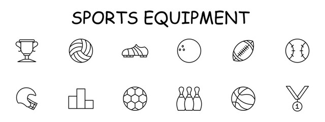 Sports set icon. Shoes, soccer ball, skittles, podium, medal, first place, rugby, volleyball, bowling ball, outdoor activity, useful hobby, . Healthy lifestyle concept. Vector line icon.