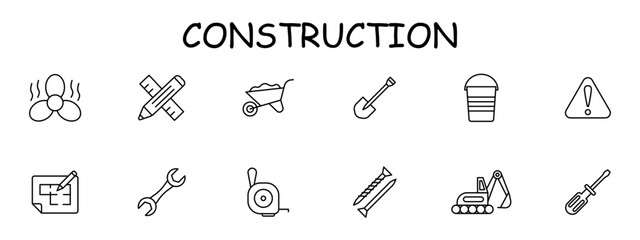 Construction set icon. Equipment, numbering, fan, heavy equipment, shovel, nails, pencil, ruler, warning sign, screwdriver, wrench. Construction equipment concept. Vector line icon.