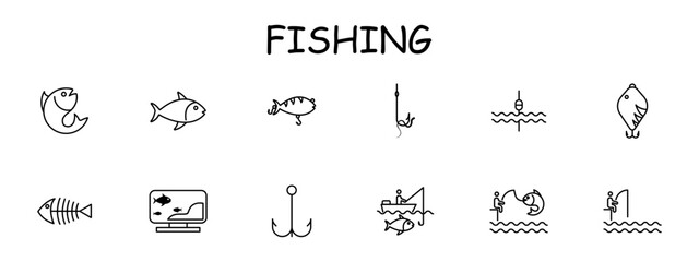 Fishing icon set. Camping, skeleton, fishing line, fisherman, sea, pond, catch, hook, float, hook, underwater creature, perch, silhouette, . Active recreation concept. Vector line icon. - obrazy, fototapety, plakaty