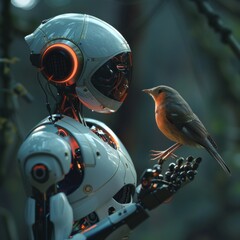 AI robot gently holding a small bird, showcasing the contrast between technology and nature, soft, ambient lighting