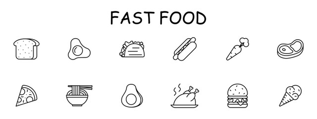 Delicacy set icon. Bread, shawarma, eggs, fried eggs, ice cream, carrots, steak, burger, sausage in dough, grilled chicken, pizza, noodles, street food, unusual food. Vector line icon.