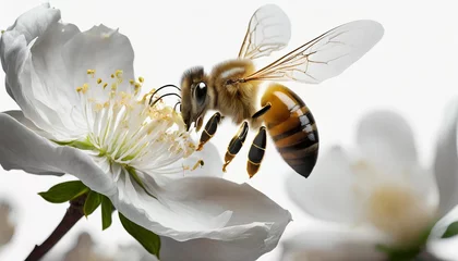 Fototapete Rund a flying honey bee flying to a white flower on a white or transparent background cutout macro side close up view macro high quality png image © Dayami