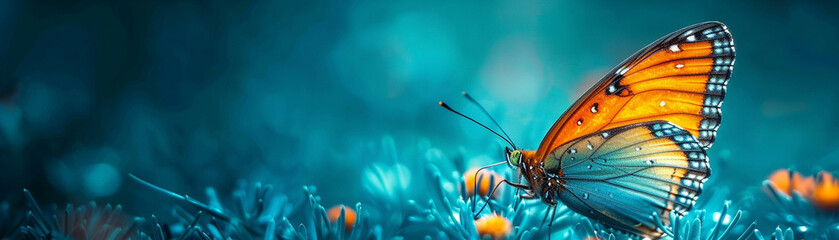 A butterfly is sitting on a patch of grass. The butterfly is orange and blue - obrazy, fototapety, plakaty