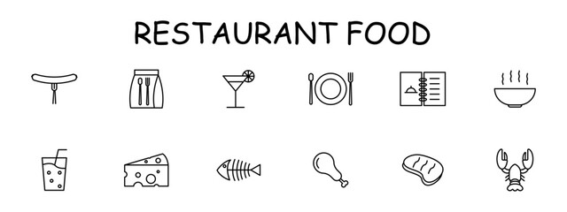 Food set icon. Glass, alcohol, hot dish, steak, skeleton, fish, cheese with holes, chicken, bone, spoon, fork, menu, cocktail, packed lunch. Culinary dishes concept. Vector line icon.
